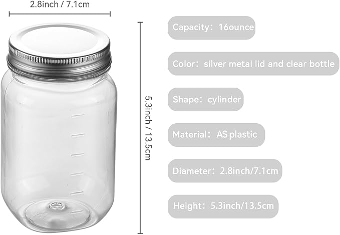 novelinks 16 oz Clear Plastic Jars with Screw-On Lids - BPA-Free Refillable Storage Containers for Slime, Food, Crafts, Kitchen & Household Use (10 Pack,Silver)
