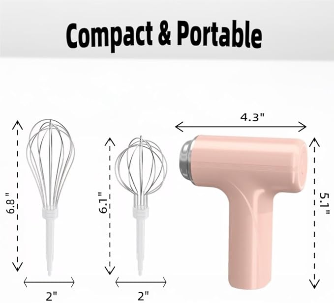 Cordless Hand Mixer, One Touch Off Handheld Electric Whisk with 3 Speed Modes, Hand Held Egg Beater with 2 Detachable Stir Whisks (Pink)