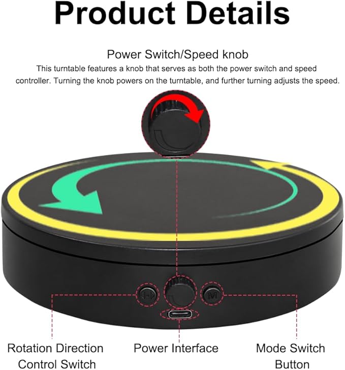 Rotating Display Stand with Type-C Power Cable, Motorized Turntable Adjustable Speed and Direction, Photography Spinning Platform for Product Shooting and Displaying (Black, 7.87'')