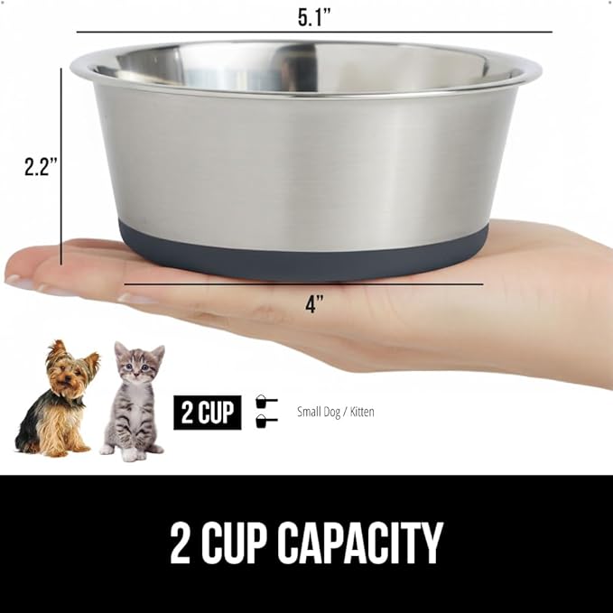 GORILLA GRIP Dog Bowl, Holds 2 Cups (16 fl oz), Heavy Duty Metal Food and Water Bowl for Feeding Dogs and Cats, Easy Clean, Dishwasher Safe, Rust Resistant Stainless Steel, BPA Free Rubber Base, Gray