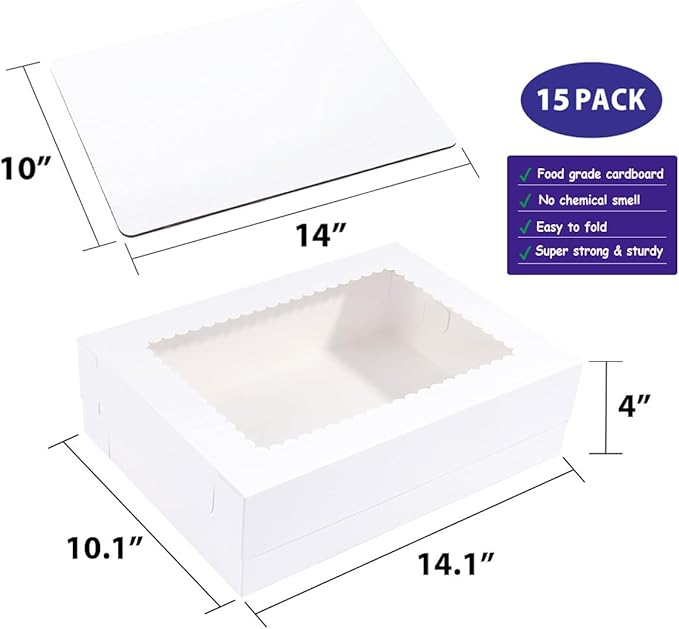 JJO 14x10x4 Inches 15 Pack Cake Boxes with Cake Board,White Bakery Boxes for Quarter Sheet Cakes,Donuts,Cupcakes, Brownie&Pie