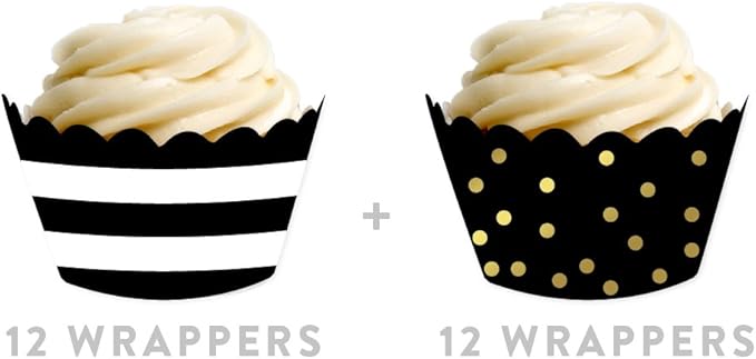 Andaz Press Party Cupcake Wrapper Decorations, Black Stripes and Metallic Gold Ink Polka Dots, 24-Pack, Theme Colored Bulk Cake Supplies