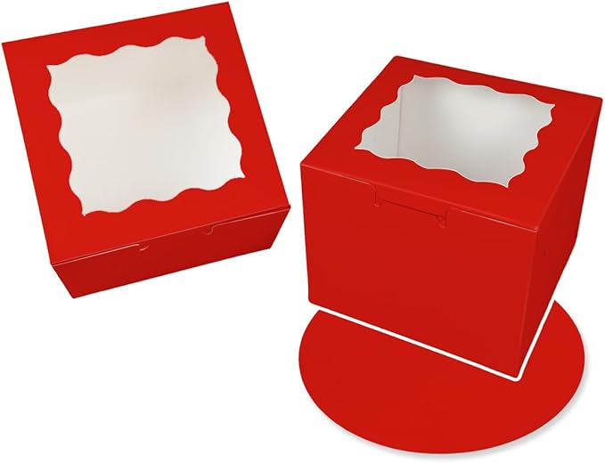 Bakepacker Red 8x8x5 Inches 36pcs Cake Boxes with Window 18-Packs Red Cake Boxes 8 Inch Bakery Boxes (18 Cake Boxes +18 Cake Boards Included)