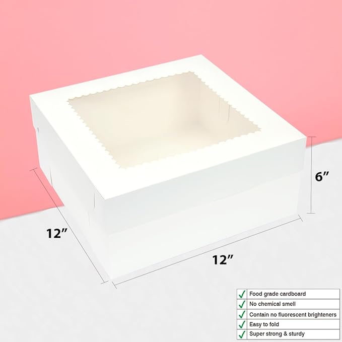 12X12x6 Inch 30 Pack White Square Cake Box, Disposable Cake Boxes for Cake,Cookies,Pies,Cupcakes and Pastry