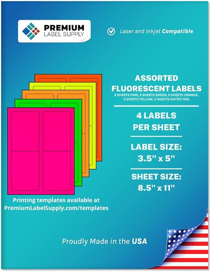 Premium Label Supply Neon Fluorescent Labels - Assorted Colors, 100 Labels (3.5" x 5")
