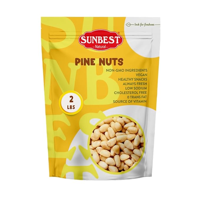 Sunbest Natural Raw Pine Nuts (Pignolia) – 2 lb Bag (32 oz) – Unsalted Nuts, Crunchy & Fresh – Non-GMO, Kosher, Gluten-Free – Great for Snacking, Topping & Baking – Perfect Pine Nuts for Pesto