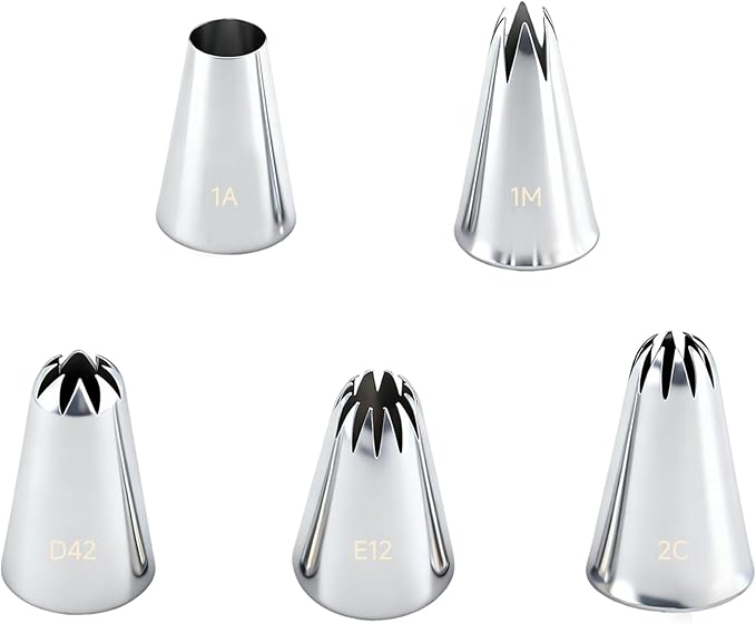 Large Piping Tips Set, Stainless Steel Cake Decorating Tips, 5-Piece Frosting Icing Tips Kit for Cakes, Cupcakes, Cookies (1M 1A 2C E12 D42)