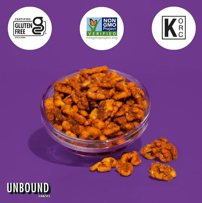 Unbound Snacks Flavored Nuts - Toasted Churro Walnuts, 4 oz (Pack of 4) - Healthy Snacks, 4g Protein, 3g Sugar, High in Omega 3, Gluten Free, Vegan - Freshly Roasted & Seasoned Gourmet Walnut Halves