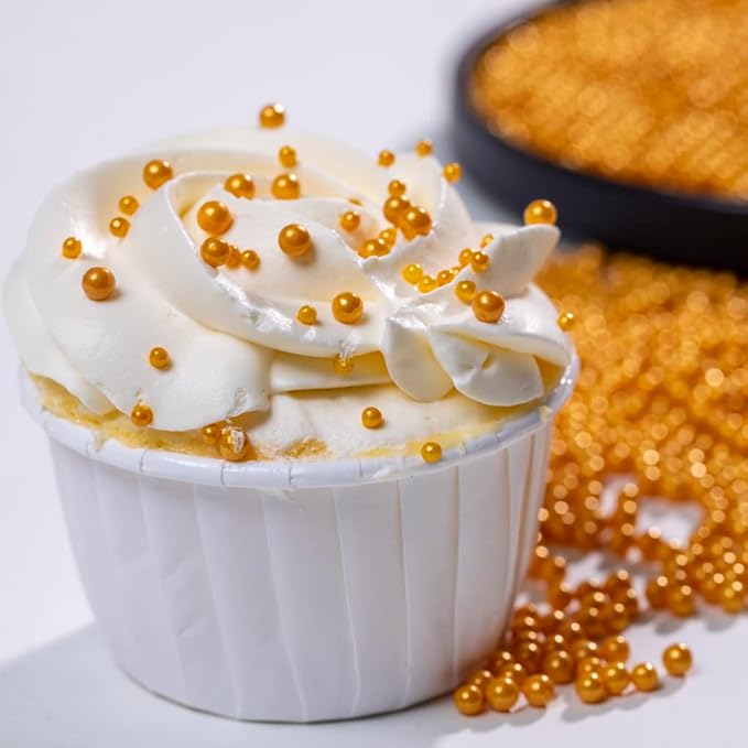 Gold Sprinkles,4mm Cake pearl Sprinkles,Cookie Sprinkles,Sugar Pearl, Edible Candy Pearls 7mm 130g 4.6OZ for Cake Cupcake Decorationg (Gold4mm)