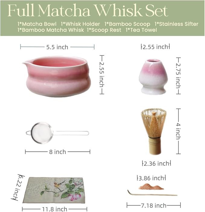 Matcha Whisk Set, 7 Pcs Kit Includes Ceramic Bowl, Traditional Bamboo Whisk and Holder, Scoop, Scoop Rest, Sifter and Tea Towel - Perfect for Matcha Lovers and as gifts (Suntset Pink)