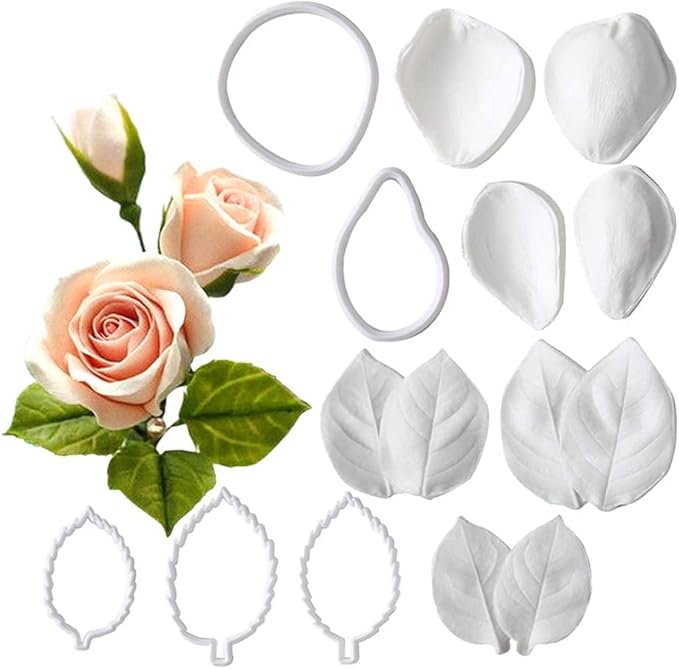 15PCS Rose & Peony Fondant Mold Kit, Silicone Gum Paste Sugar Craft Flower Veining Set for Birthday Cake Decoration