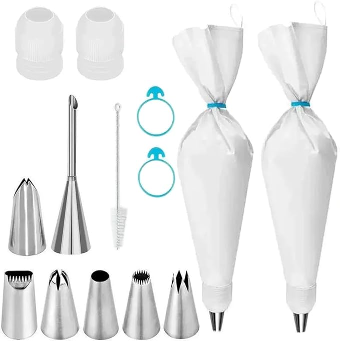 Piping Bags and Tips Set, 14Pcs Cake Decorating Kit with 16 inch Reusable Cotton Pastry Bags, Medium Icing Tips, 2 Couplers, 2 Icing Bags Ties, and Clean Brush