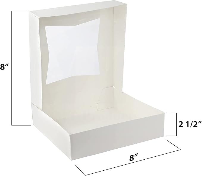 MT Products White Cookie Boxes - Size of 8" X 8" X 2.5" - (25 Pieces) Auto Pop-Up Bakery Boxes with Window - Made in the USA