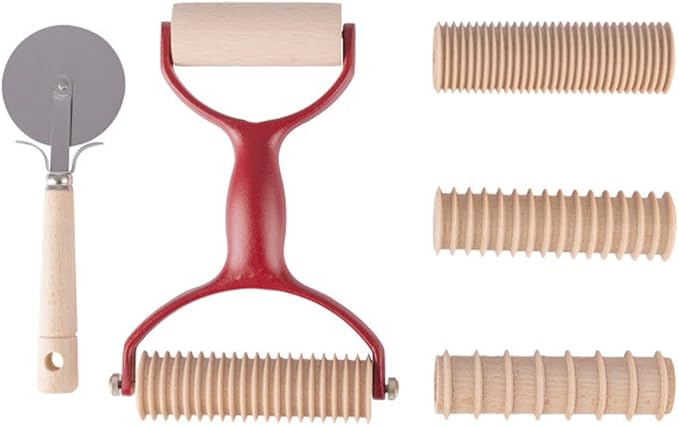 7 Pcs Pasta Making Tools - Kitchen Set with Handle, Pasta Cutter, Small Rolling Pin, and 4 Grooved Rollers for Spaghetti, Fettucine, Tagliatelle, and Pappardelle - Made in Italy by Classic Cuisine