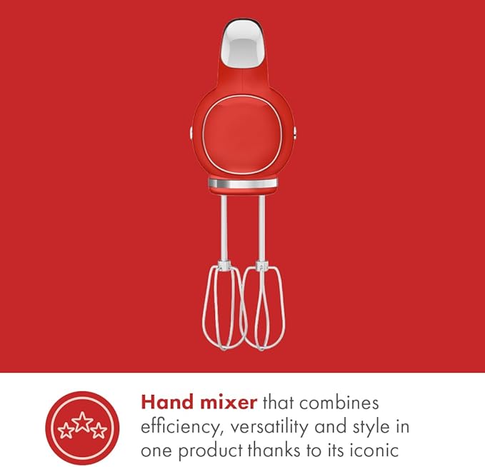 SMEG Red 50's Retro Style Electric Hand Mixer with Set of Beaters, Set of Dough Hooks and Set of Whisks