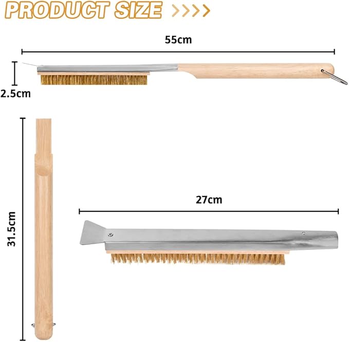 Pizza Oven Brush, 21" Brush and Stainless Steel Scraper for Pizza Stone, BBQ Grill Cleaning Brush Non Scratch Heat Proof Brass Bristles with Screwdriver, Outdoor Pizza Oven Accessories