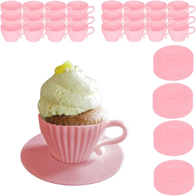Evelots Baking Cupcake Molds - Silicone Teacup Set - 48 Pc Set - Oven-Safe - Nonstick - Muffin Cups for Bridal/Baby Shower, Birthday/Tea Party - 24 Cups & 24 Saucers - BPA Free
