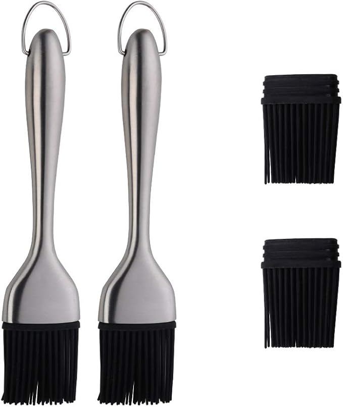 2 Pack Grill Basting Brush with 2 Pack Back Up Silicone Brush Heads, No Shed Bristles Stainless Steel Handles Heatproof Rust Resistant, Pastry Brushes for Kitchen Cooking BBQ, Dishwasher Safe Silver