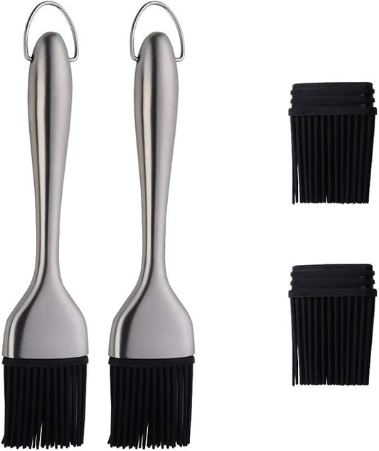 2 Pack Grill Basting Brush with 2 Pack Back Up Silicone Brush Heads, No Shed Bristles Stainless Steel Handles Heatproof Rust Resistant, Pastry Brushes for Kitchen Cooking BBQ, Dishwasher Safe Silver