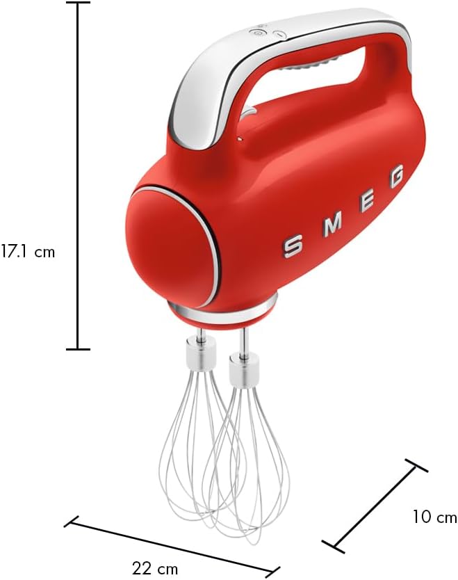 SMEG Red 50's Retro Style Electric Hand Mixer with Set of Beaters, Set of Dough Hooks and Set of Whisks