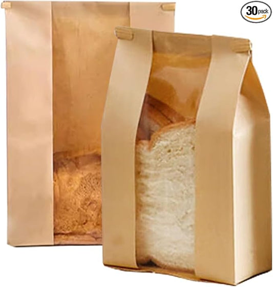30 Pack Paper Bread Bags with Window 13 x 8.3 x 3.5-inch Bakery Sourdough Brown Loaf Baked Storage Bags for Homemade Bread Cookie Treat