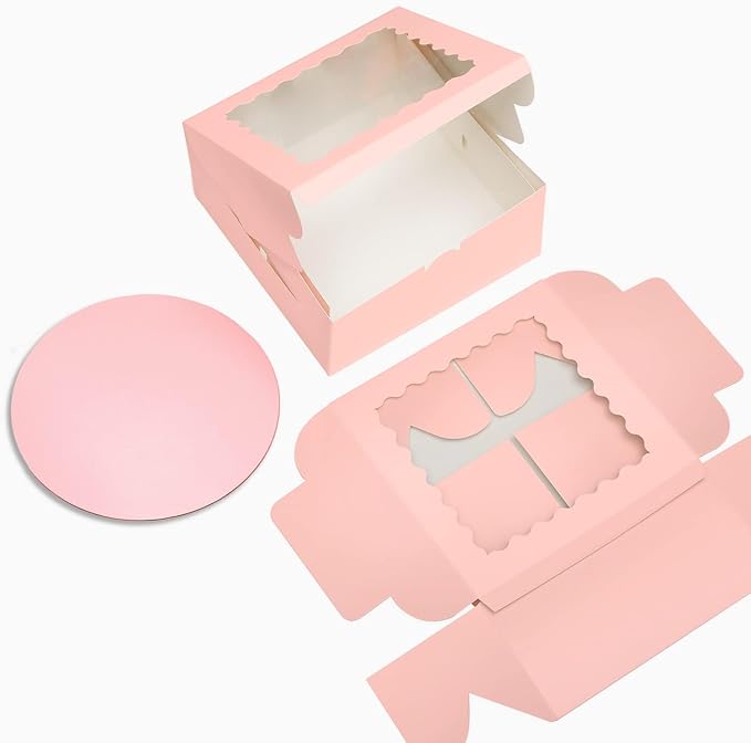 Bakepacker 36pcs 8x8x5 Inches with Window 18-Packs Pink 8 Inch Bakery Boxes (18 Cake Boxes +18 Cake Boards Included)