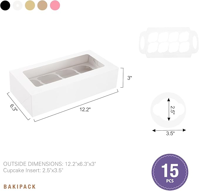 15 White Cupcake Boxes 8 Count with Window and Inserts, Cupcake Containers, Cupcake Boxes for Cupcakes, Muffins
