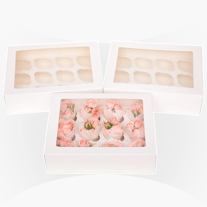 Bakepacker 12 Cupcake Containers 20-Packs White Cupcake Box Cupcakes Carrier, 12 Cupcake Boxes with Window 13"x10"x3.5"（Auto-pop up）