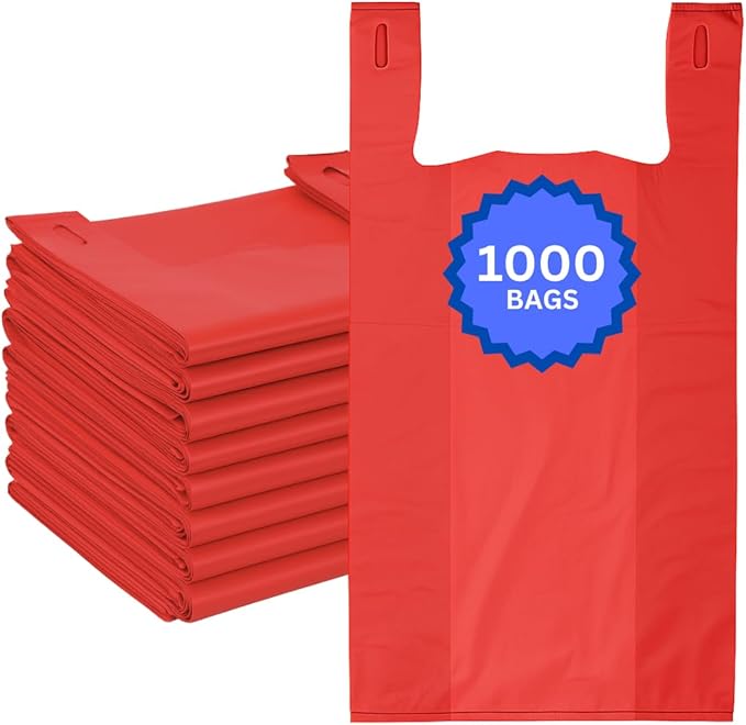 ASSUREPAK Easy Open - 100 Bags - Colored Unprinted HDPE T-Shirt Bags - 1/6 BBL 11.5"X6"X21" - 13 microns - Red - Perfect for Groceries, Shopping and Retail Stores LOOP-RED-EO