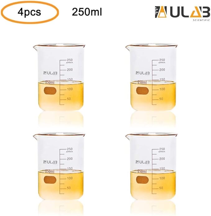 ULAB Scientific Glass Beaker Set, Vol. 250ml, 3.3 Borosilicate Griffin Low Form with Printed Graduation, Pack of 4, UBG1015