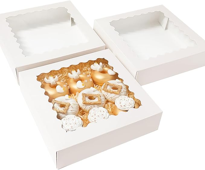 Bakepacker 36pcs White 10x10x2.5 inches Easy Assemble Macaroon Cookie Boxes Bakery Boxes with Window (Auto-pop Up)