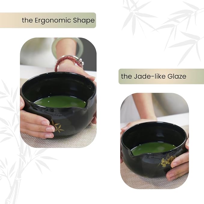Matcha Whisk Set, Complete 8 Pcs Matcha Kit for Japanese Tea Ceremony, Ceramic Bowl with Spout, Bamboo Whisk, Spoon, Scoop, Sifter, Christmas Gift for Beginners and Matcha Lovers(Black)