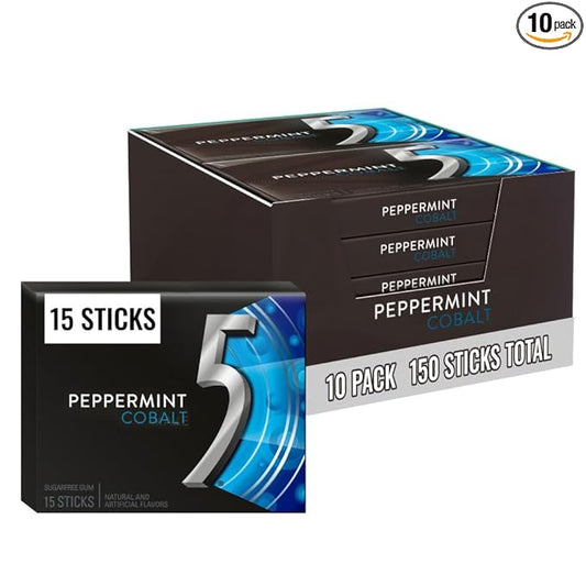 5 GUM Peppermint Cobalt Sugar Free Chewing Gum Bulk, Stimulate Your Senses While Listening to Your Favorite Music, Mini Purse Essentials, 15 Sticks (Pack of 10)