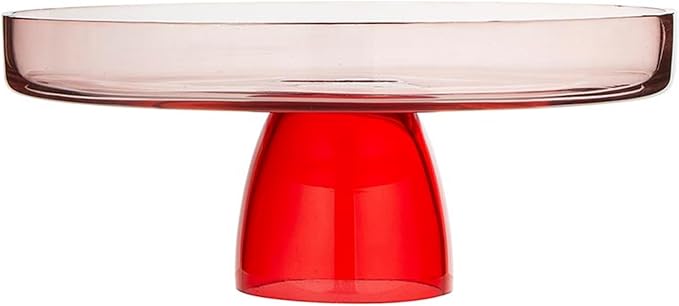 Slant Collections Cake Stand Two-Toned Glass Cake Plate Tabletop Pedestal Dessert Holder, 9.5" Diameter, Clear/Red