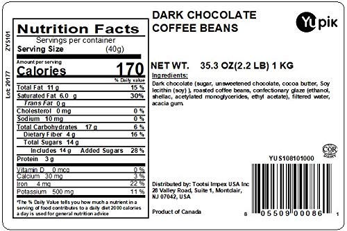 Yupik Dark Chocolate Covered Coffee Beans, 60% Cacao, 2.2 lb (35.2 oz), Kosher, High in Fiber, Coffee Beans Coated in Rich Dark Chocolate, Chocolate Candy, Sweet Snacks, Ideal for Baking & Gifting