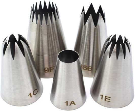 5 Pack Stainless Steel Seamless Piping Icing Tips 1C 1E 1A 356 9FT, Large Piping Nozzle, Cake Decorating Tools for Cupcake Baker