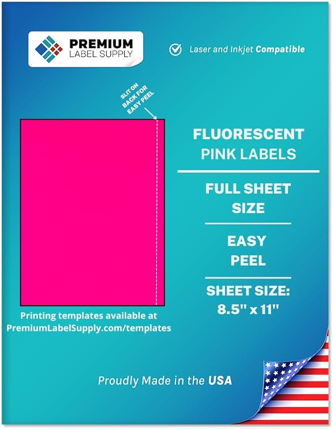 Premium Label Supply Bright Neon Color Fluorescent Sticker Labels - 8.5" x 11" Full Sheet Labels - (Fluorescent Pink, 500 Sheets)