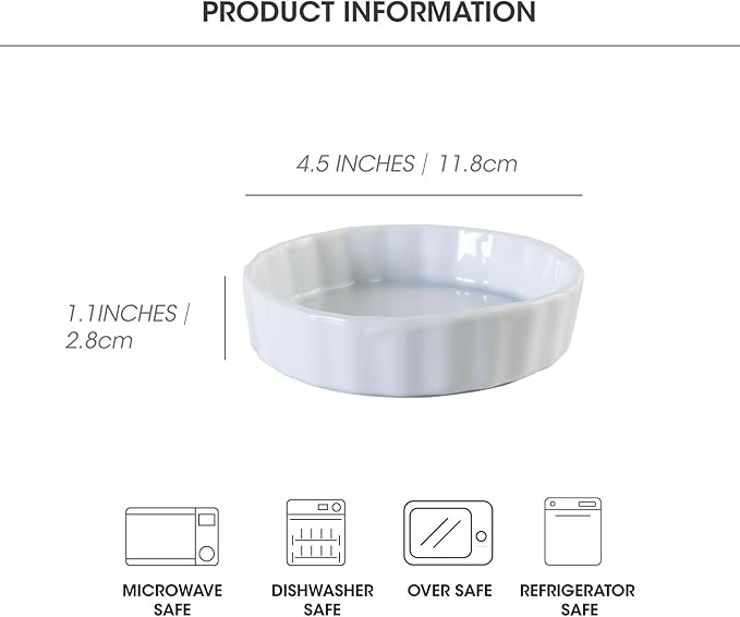 6oz Creme Brulee Ramekins Set of 4 - Ceramic Baking Dishes, Non-Stick Porcelain Pie Dish, Wave Round Baking Dish for Dessert, Pie, Tart, Souffles, Appetizers, Oven and Dishwasher Safe