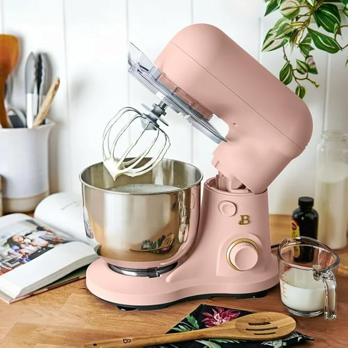 Beautiful 3.5 Qt Tilt-Head Stand Mixer | 12-Speed 300 W Motor | Stainless Bowl Beater, Dough Hook & Whisk by Drew Barrymore (Rose)