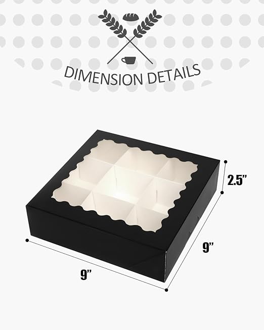 qiqee Auto-pop Up 30pcs Pie Box With Window 9x9x2.5 Inch Donut Pastry Boxes Black Bakery Box