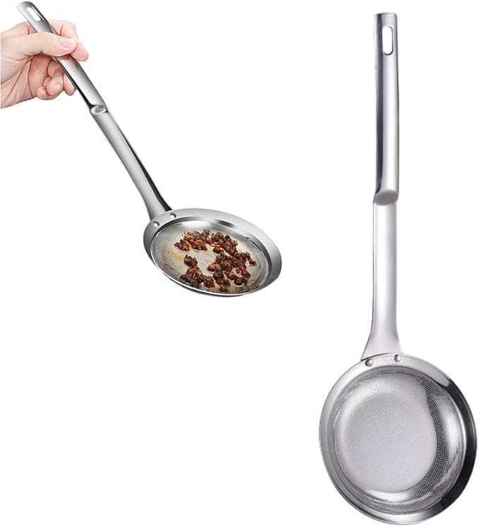 Fine Mesh Stainless Steel Colander, 2024 New Stainless Steel Fine Mesh Strainer for Oil Filter Skimming Grease and Foam, Premium Skimmer Spoon Fine Mesh Strainer with Long Handle (A-Small)