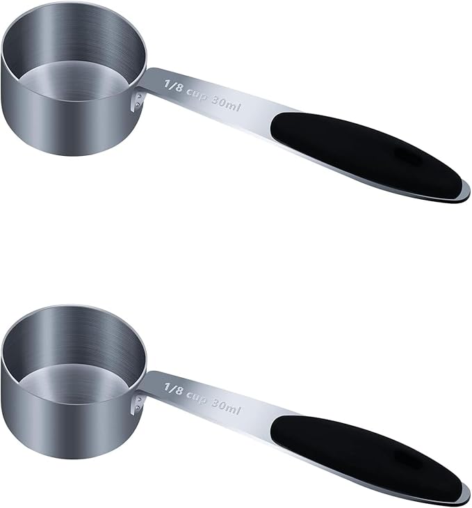 2PCS 1/8Cup (30ml, 1oz) Single Measuring Cup with Black Silicone Grip, Stainless Steel Individual Measure Scoop Only