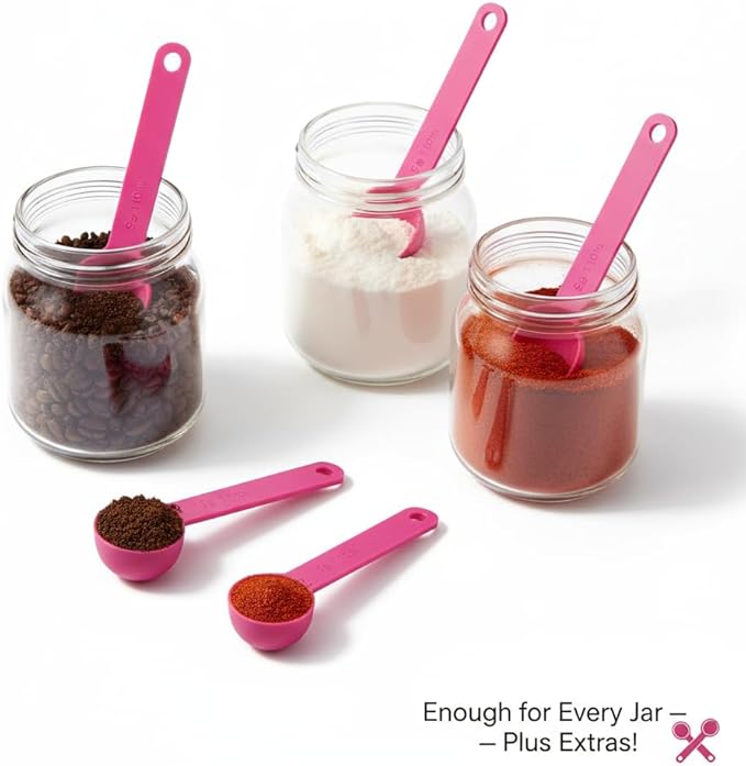 5g Plastic Measuring Spoons (10ml) – Pack of 5 Small Scoops for Protein Poweder, Creatine, Coffee, Lab, Baking, Laundry, Canisters, Dry Goods – 1 Teaspoon Measuring Spoons (tsp), Pink