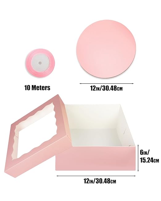 qiqee 12x12x6 Cake Box, 18 Sets Pink Cake Box with Window ＆ 18 Sets 8" Cake Round Boards, 8inch Cake Containers, 10 Meters Silk Ribbon