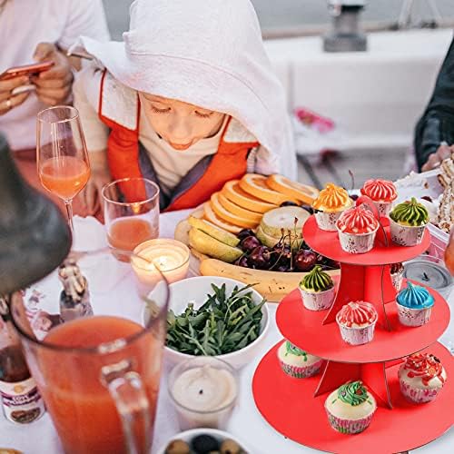 Cupcake Stand, 2 Pack 3-Tier Round Cardboard Dessert Plates Cake Fruit Cupcake Base Holder Candy Display Tower Tray Pastry Serving Platter for Birthday, Wedding, Baby Shower, Christmas (Red)