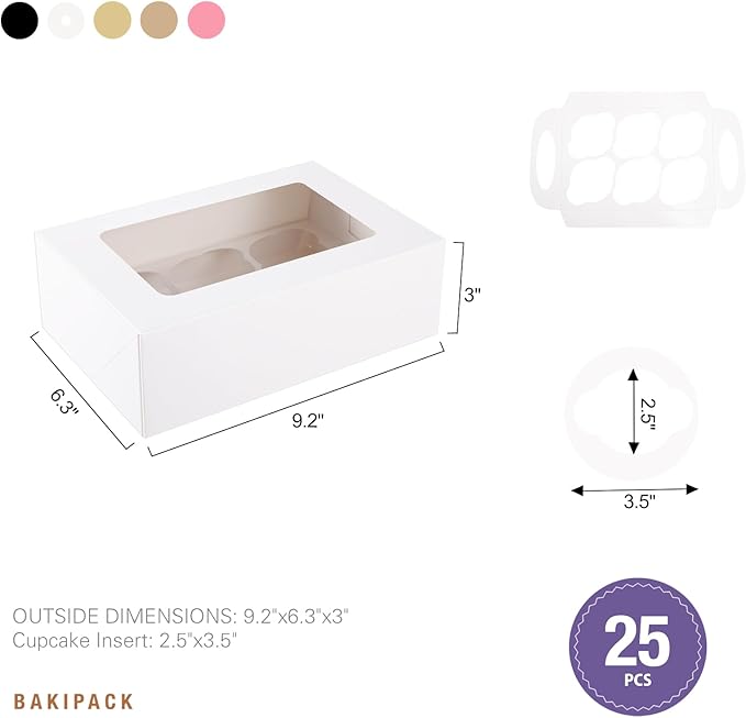 25 Cupcake Boxes, White Cupcake Boxes 6 Count with Window and Inserts, Cupcake Holders for Cupcakes, Muffins, Cookies, Pastries