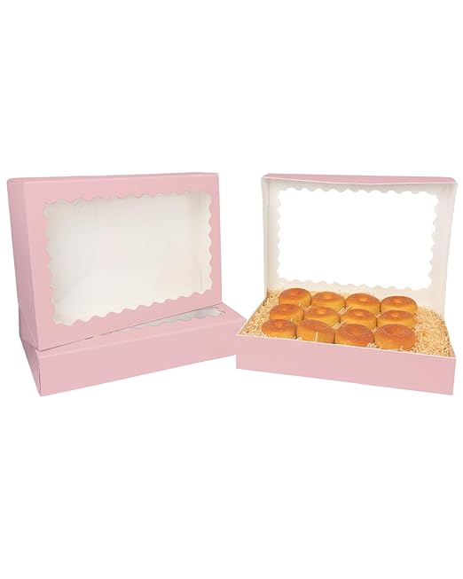 qiqee Auto-pop Up Pink Cookie Box with Window 16x10.5x2.5 Inch 24Pcs Bakery Pastry Macaron Bakery Box for Packaging