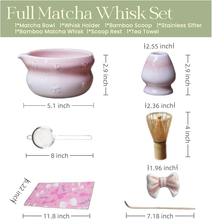 7pcs soft pink matcha whisk set with cute bow and heart motif - complete kit includes bamboo whisk, bowl, stand, scoop, sifter, tea towel -ideal gift for women and Japanese tea ceremony