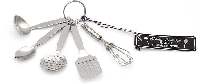 Mini Stainless Steel Kitchen Tool Set with Keychain(3.5"),Set of 5,Includes Whisk, Spatula, Spoon, Skimmer,Soup ladle