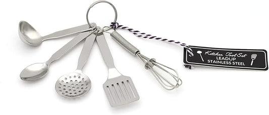 Mini Stainless Steel Kitchen Tool Set with Keychain(3.5"),Set of 5,Includes Whisk, Spatula, Spoon, Skimmer,Soup ladle